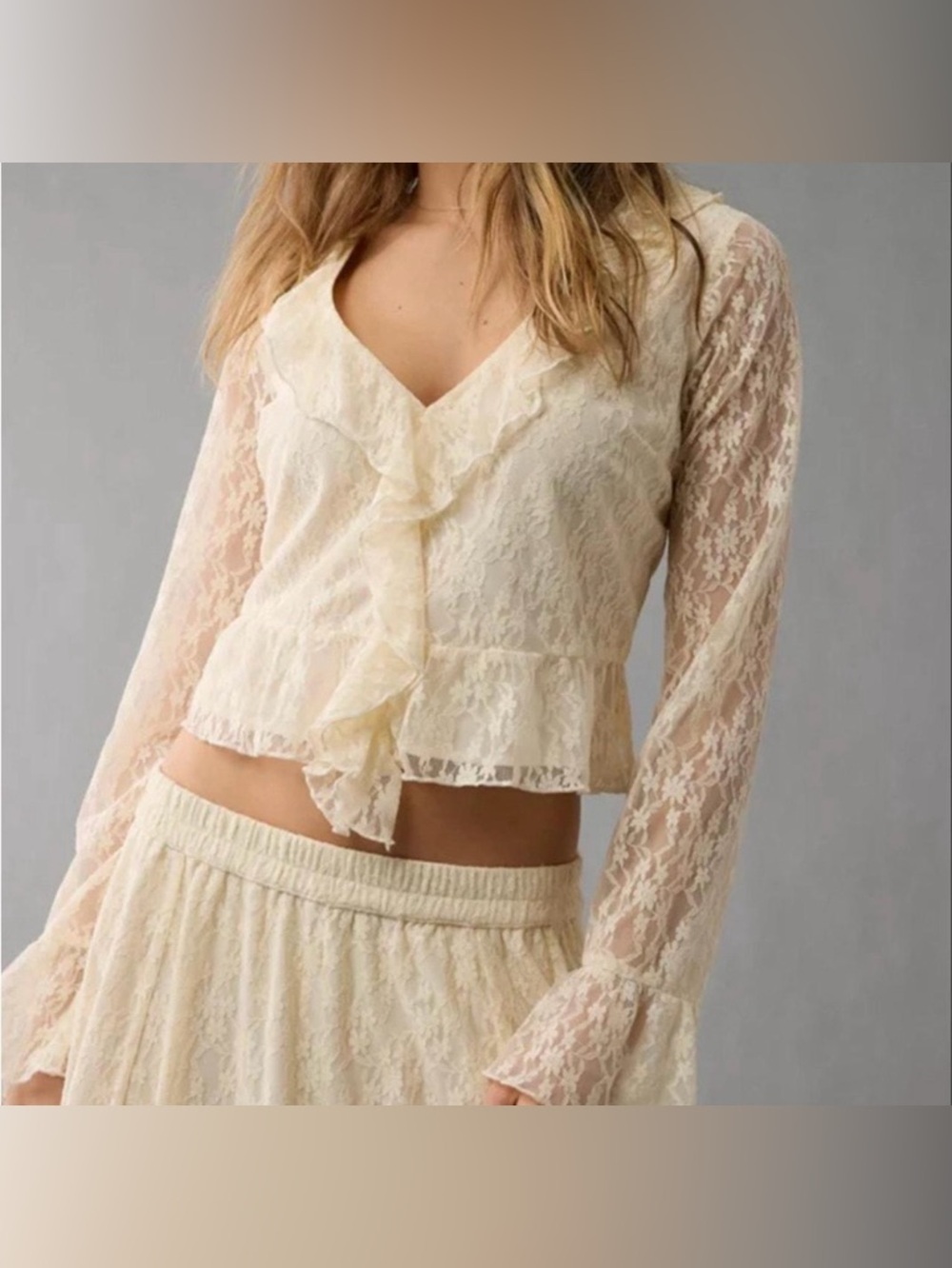 NWT American Eagle Chiffon Lace Bell Sleeve Ruffle Blouse Size XL